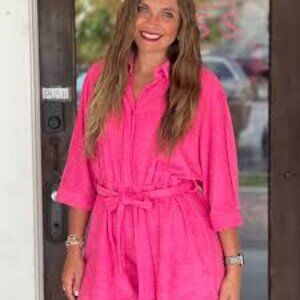 BiBi Towel Textured Batwing Romper in Fuchsia - Size XL
